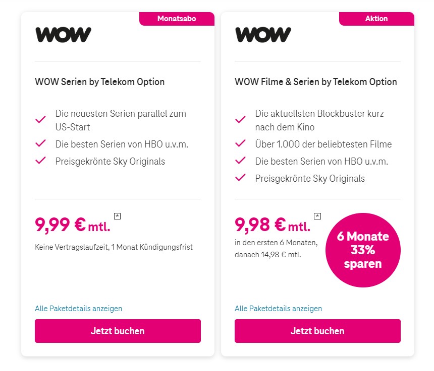 Sky Pakete und Kosten bei Magenta TV: WOW Filme & Serien und WOW Serien