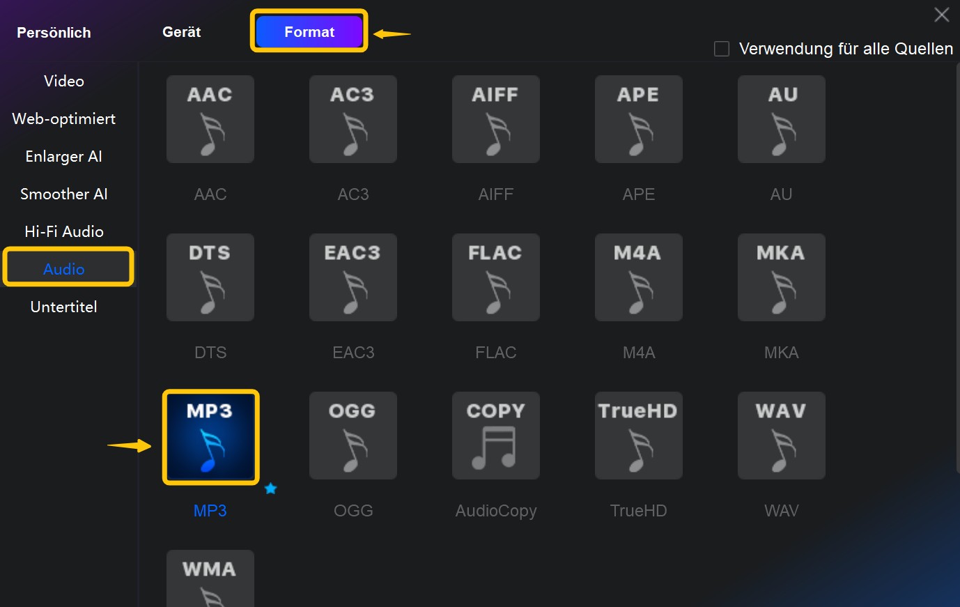 Wählen Sie das MP3-Format. 