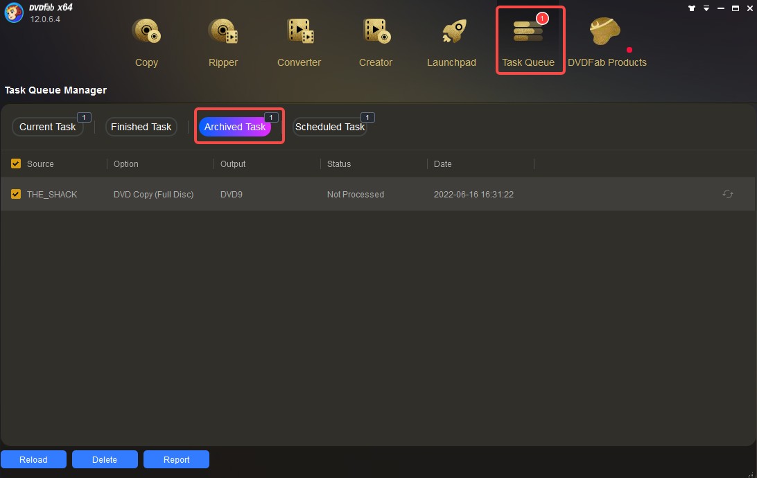 Task Queue in DVDFab 12: Archived Task 