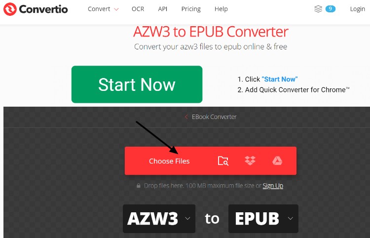 convert kindle to epub with Convertio