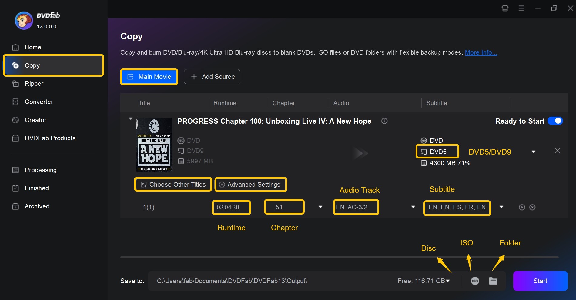 Customize output before copying DVD as ISO for DVD scratch repair