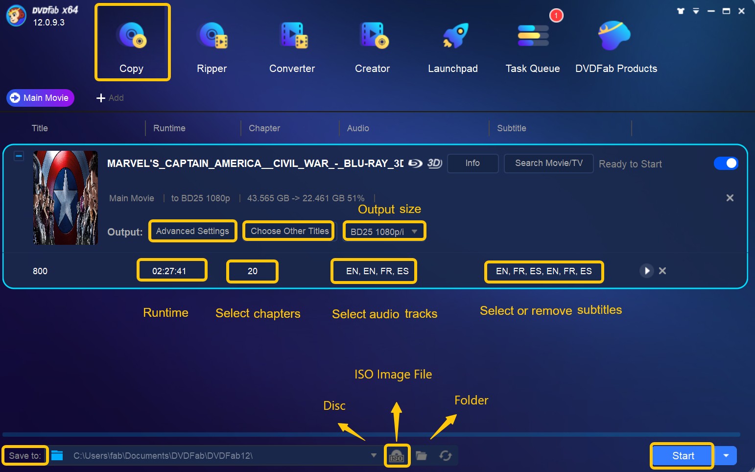 DVDFab Blu-ray Copy: customize the output file