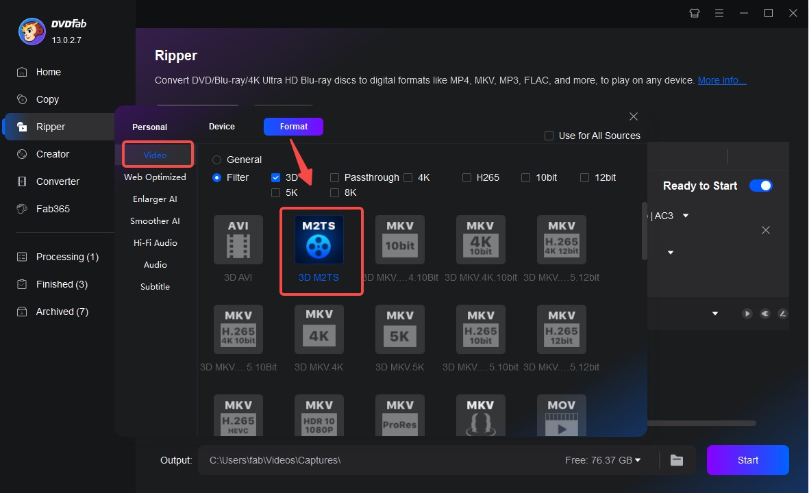 Choose the 3D M2TS profile in dvdfab